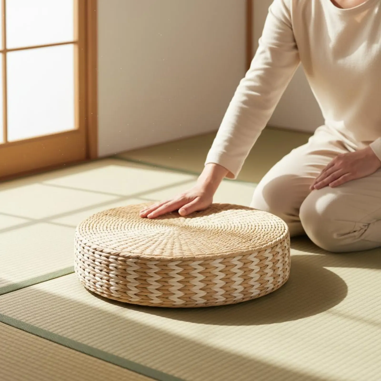 Pouf de méditation artisanal en herbe de la canne tressée, épais et respirant, rond, en paille, pour une méditation paisible
