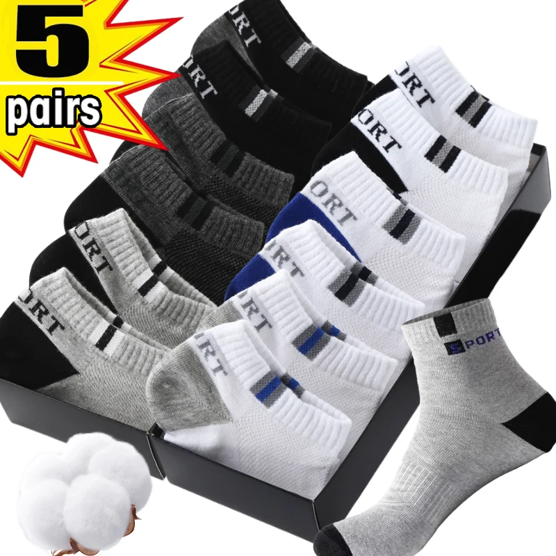 5pairs Men Soft Cotton Mid-tube Sock Breathable Sports Deodorant Sneakers Sock Sweat-absorbing Business Sox Male Plus Size 36-43