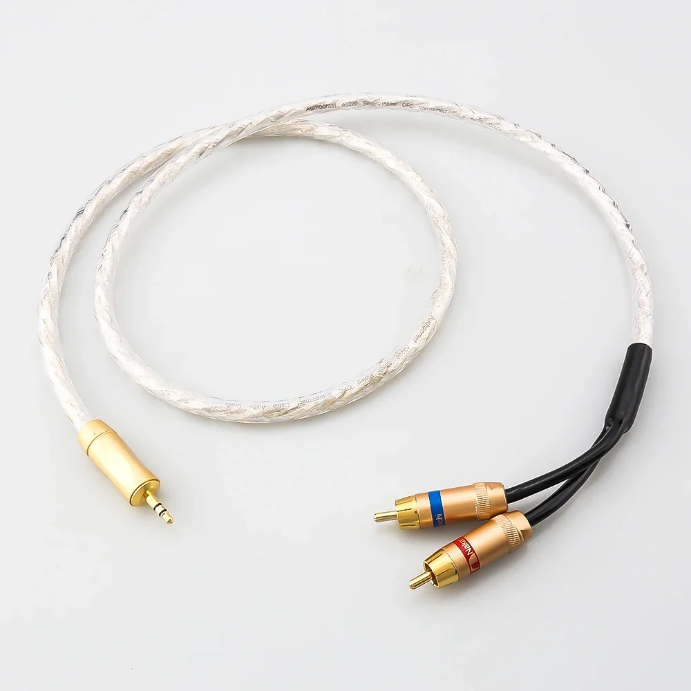 HI-End posrebrzany kabel Audio 3.5mm męski do 2 RCA męski Audio aux Stereo Y kabel rozgałęziający