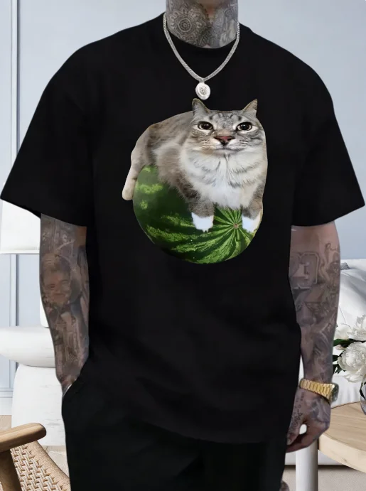 

Spring and Summer New Watermelon Cat Silly Cat Meme Printed Cotton Loose Short Sleeved Round Neck Casual T-shirt for Men/women