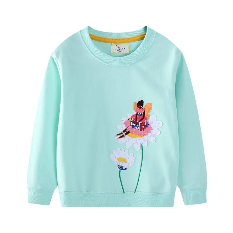 Jumping Meters Autumn Spring Floral Embroidery Beading Girls Sweatshirts Long Sleeve Hooded Kids Clothes Hot Selling Toddler Top