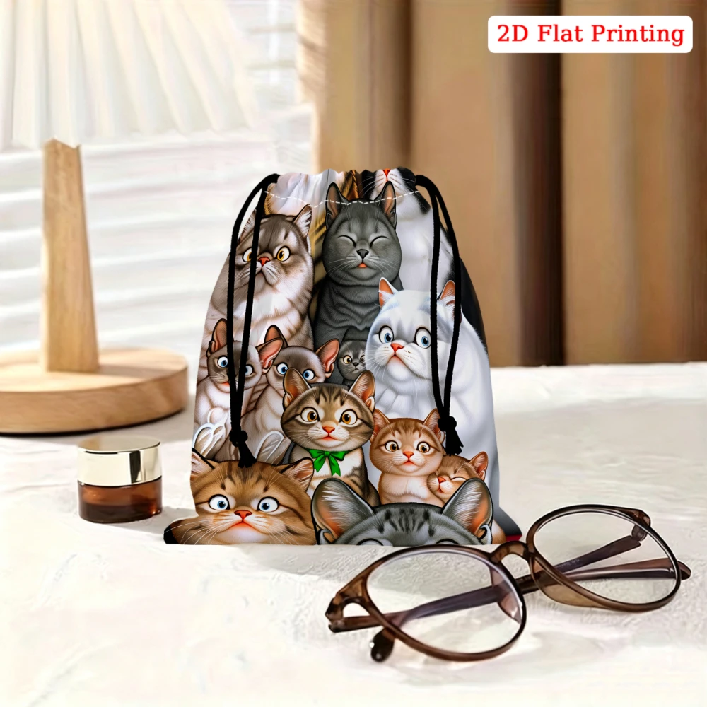 1pc Cartoon Cat Print Drawstring Bag Multicolor Cute Kitten Pattern Storage Small Pouch For Glasses Cosmetics Travel Organizer P