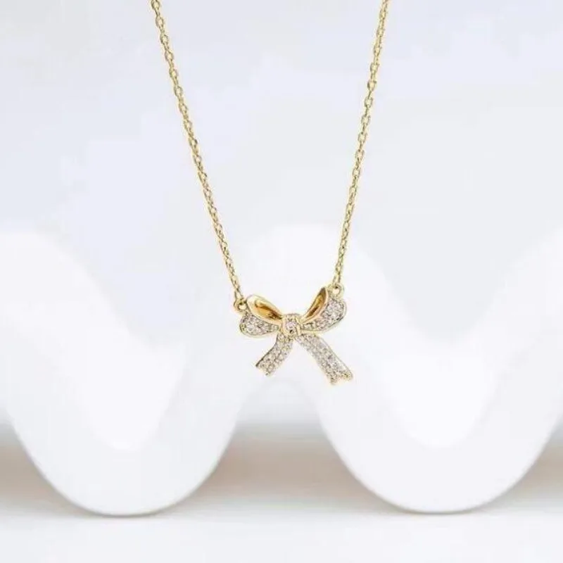 1Pcs Exquisite Copper Inlaid Zirconia Bow Pendant Necklace for Women Girls Sweet Bridal Wedding Accessories Choker Necklace