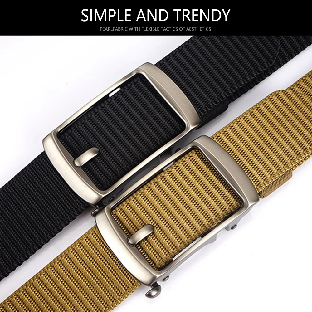 TUSHI New Men's Belt Automatic Metal Buckle Nylon Webbing Outdoor Work Belt Toothless Automatic Buckle Casual Sports Canvas Belt