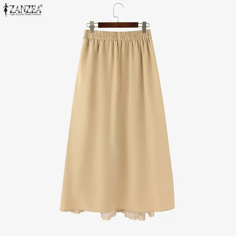 ZANZEA Women Elegant Fashion Lace Skirts Office Long Maxi Skirts Ruffled Elastic Waist Jupes Faldas Saia Casual Loose Bottoms