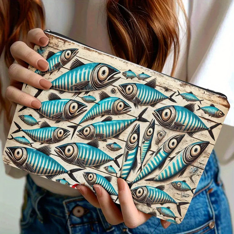 Cosmetic Bag Sardines Illustration Travel Toiletry Bag Zipper Closure Durable Fabric Small Portable Suitable for Church Travel
