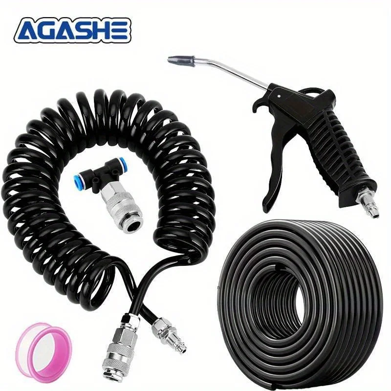16.4FT Pneumatic Dust Collector Gun Set 5.5mm Steel Nozzle Spring Hose Combination for DIY Pneumatic Equipment Cleaning