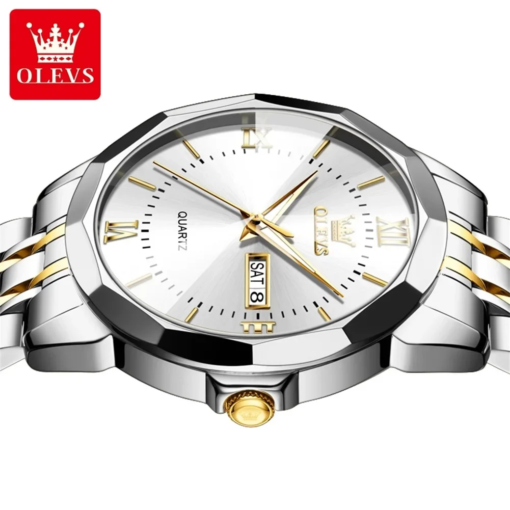 OLEVS นาฬิกาผู้ชาย9989แบบคลาสสิกกระจกปริซึมกันน้ำปฏิทินคู่นาฬิกาธุรกิจแฟชั่นหรูหรานาฬิกาข้อมือสำหรับผู้ชายควอทซ์แบรนด์หรู