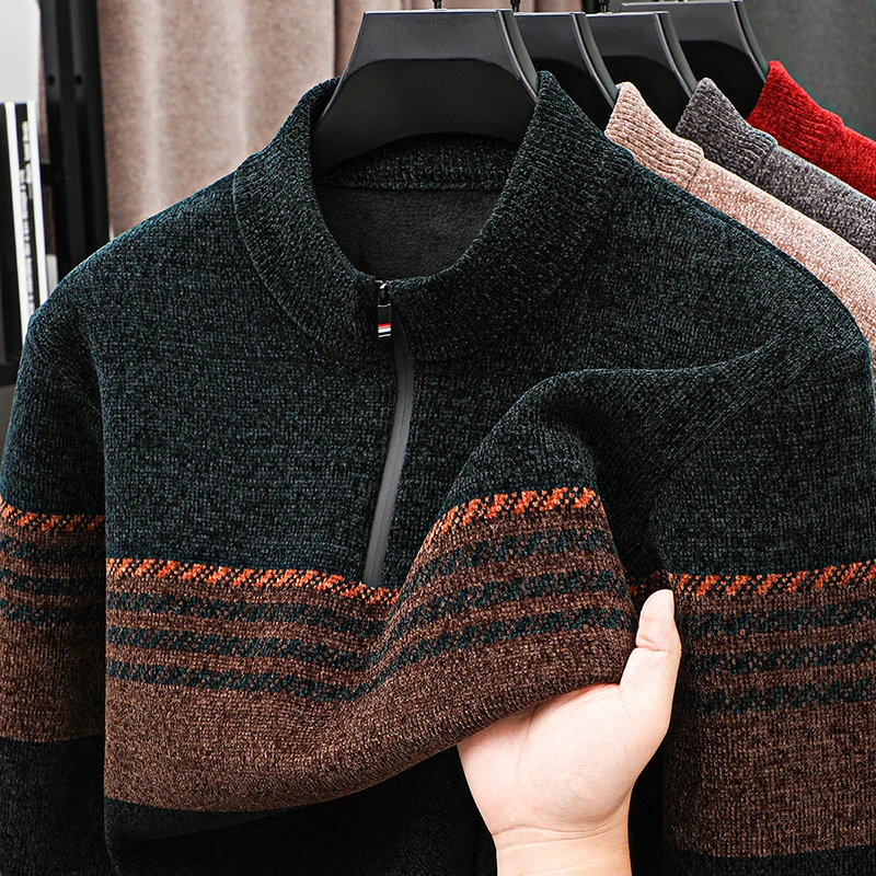 Luxury Man Long-Sleeved Knitwear Mock Neck Zipper Fleece-Lined Thickened Warm Stripe Autumn Winter New Pullover Leisure MensWear