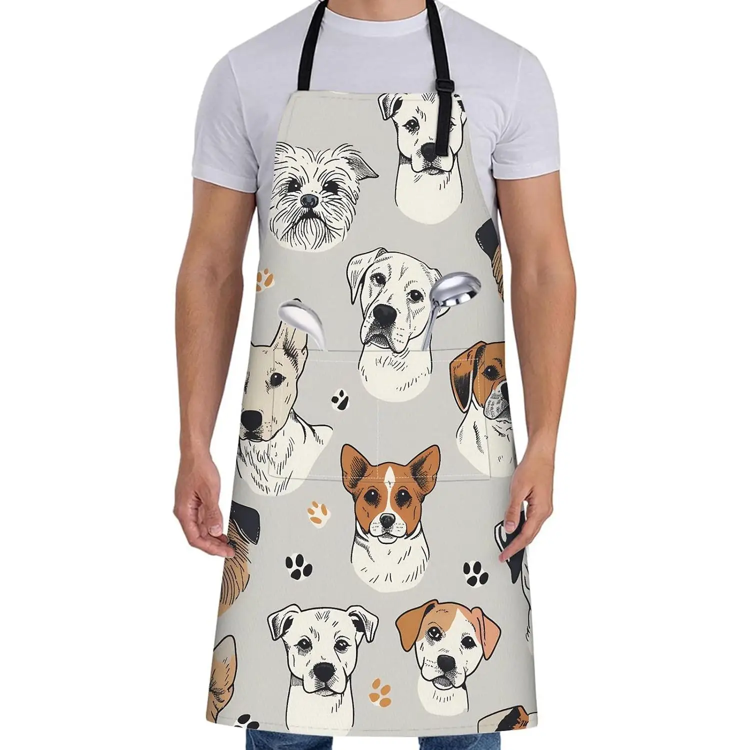 Cute Dog Face Apron for Women Fun Puppy Kitchen Aprons with 2 Pockets Pet Lovers Adjustable Apron for Cooking Baking Gardening