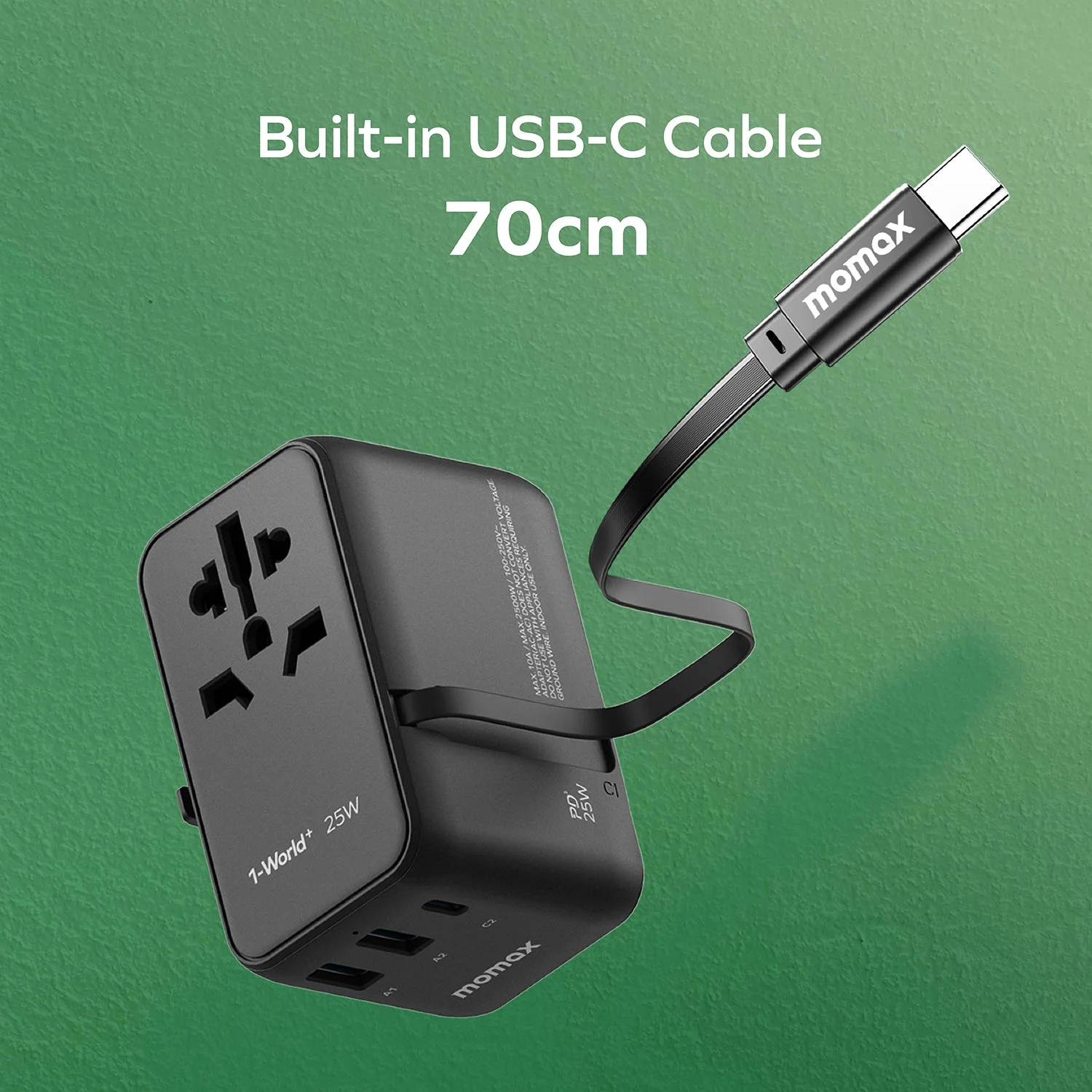 Imagem -03 - Momax-adaptador de Energia Universal com Cabo Usb-c Embutido Carregador para Laptops e Tablets Plugue de Viagem Eua Reino Unido ue au 25w Gan