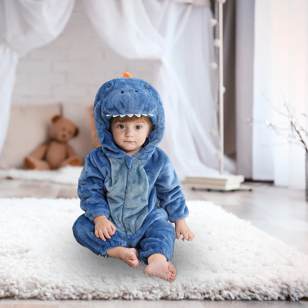 Kids Unisex Blue Dinosaur Warm Hooded Nightgown Soft Comfortable Night Clothes For Sleep Wear