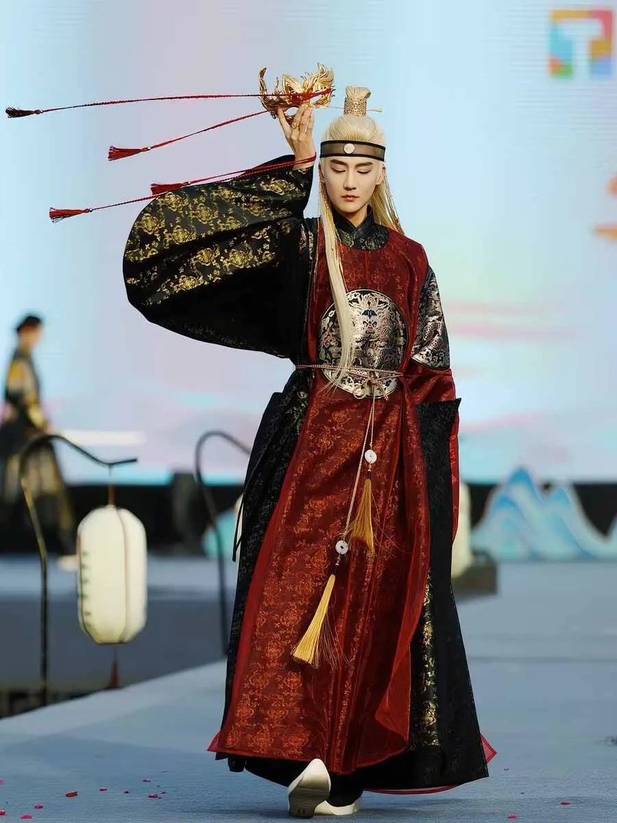 Men's Ancient Chinese Ming Dynasty Robe Wine Red Black Embroidery Hanfu Retro Prince Cosplay Costume for Stage Performance Women