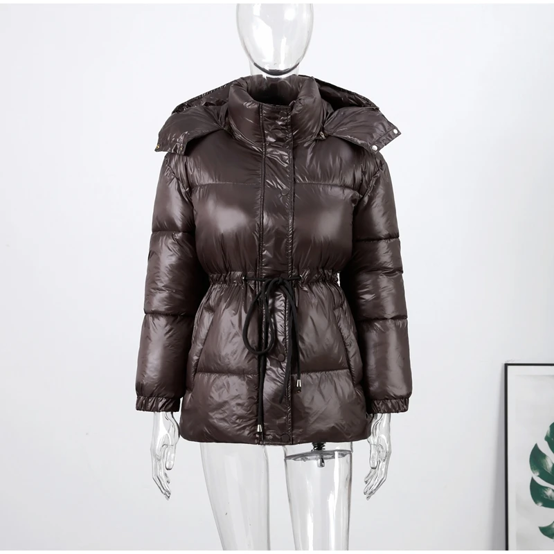 Women's Winter Jacket Hooded Drawstring Zipper Stand-Up Collar Lace Up Winter Jacket Female Loose Casual Chic Jackets For Ladies