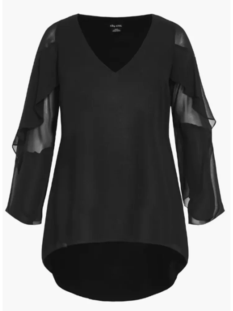 New Female Plus Size Casual Black Layered Ruffle Sleeve Top Office Lady A-Line Spring Autumn V-Neck Fashion Women\'s Top Blouse