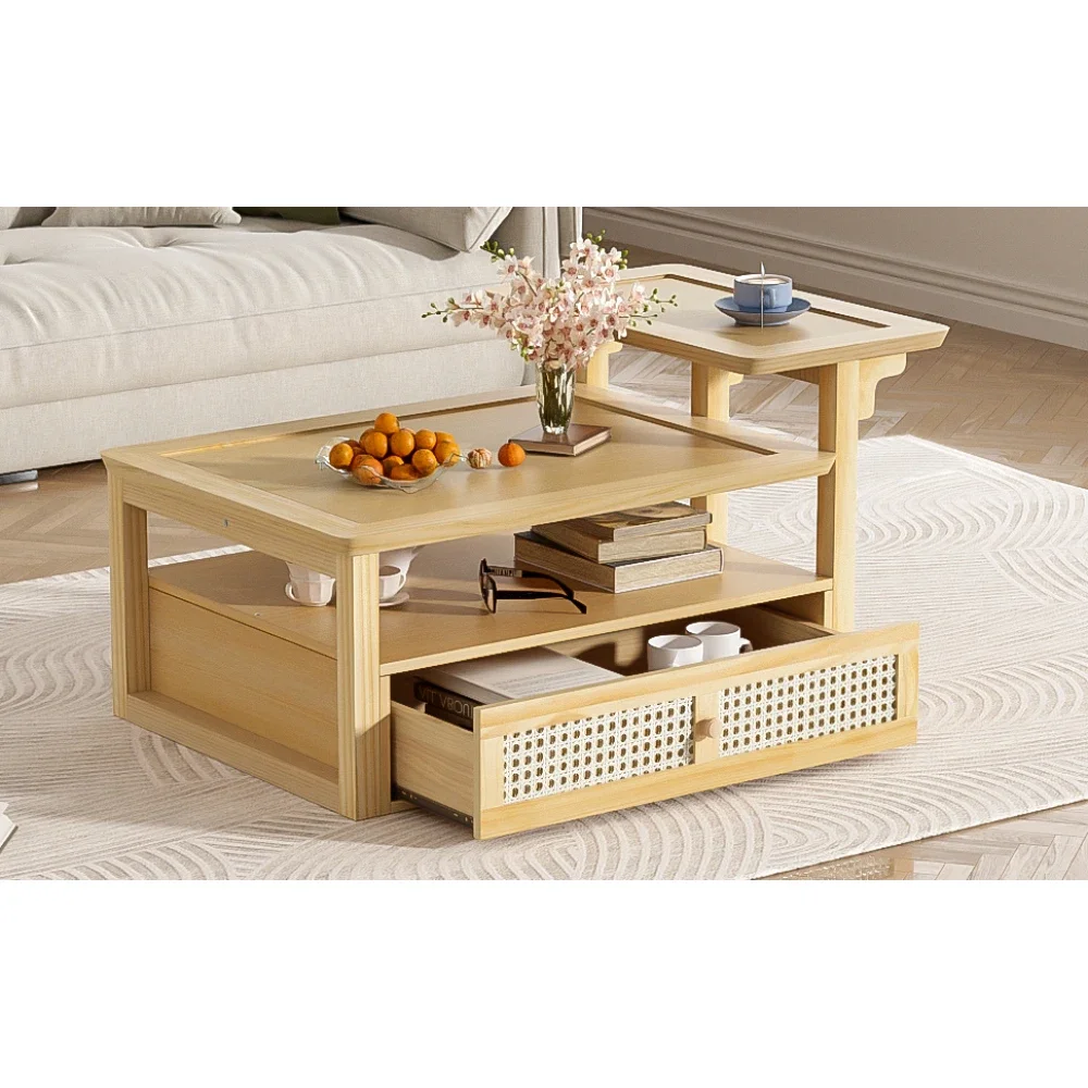 Modern Coffee Table,Coffee Table with 1 Storage Shelf,2 Tabletops and 1 Rattan Drawer for Living Room， Coffee Table，center Table