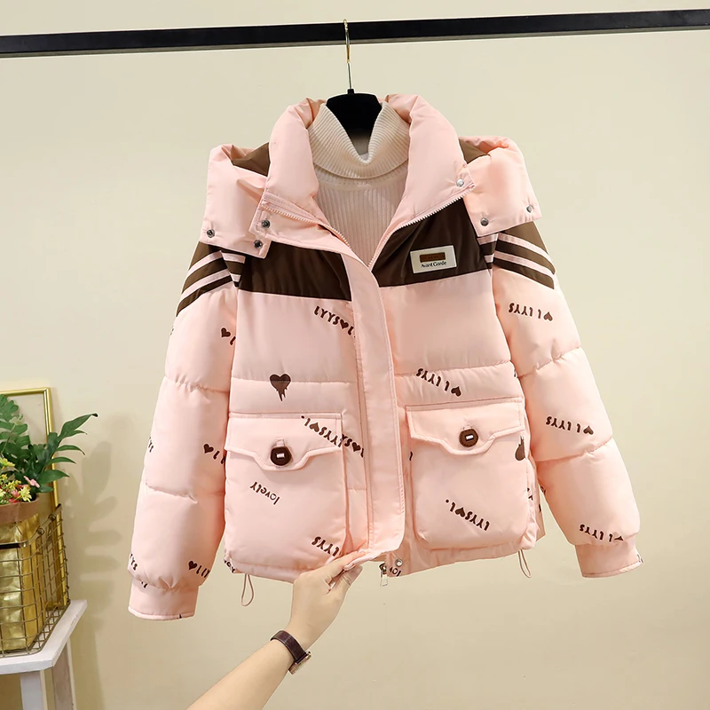 

Women's Winter Thiened down Cotton Jaet ort Sle Detachable Hat Faion Small Size Cotton Coat Commute Loose Fit Zipper