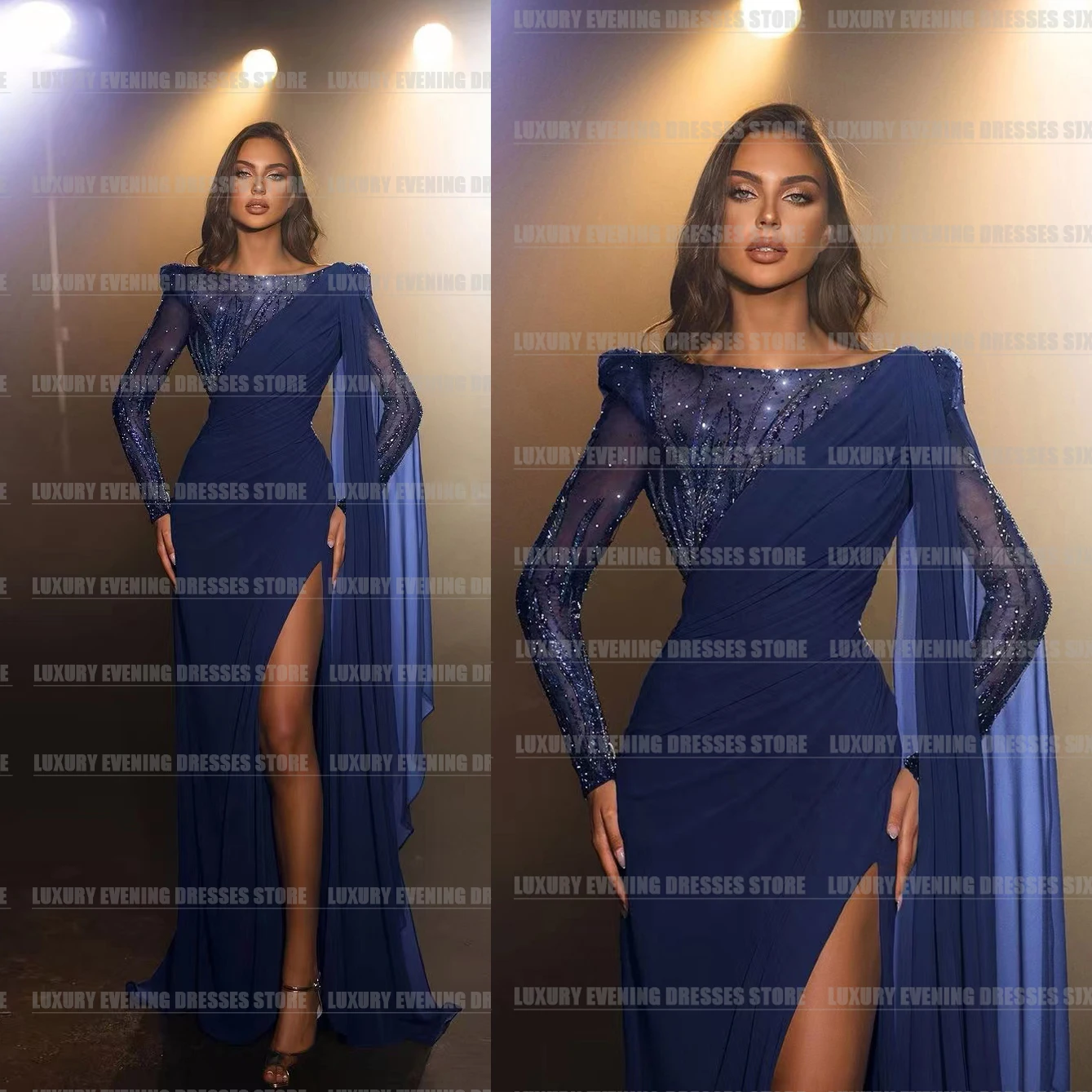 Formal Tulle Shawl Evening Dresses Side Split Woman\'s 2024 Mermaid Glisten Beads High Neck Long Sleeve Party  Prom Gowns Vestido