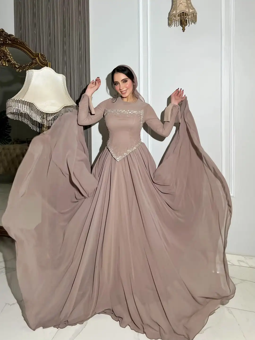 تصميم جديد يا الرقبة الديكور مشد أنيق كامل الأكمام ثنيات ألف خط أزياء ساحرة حفلة موسيقية اللباس الرسمي