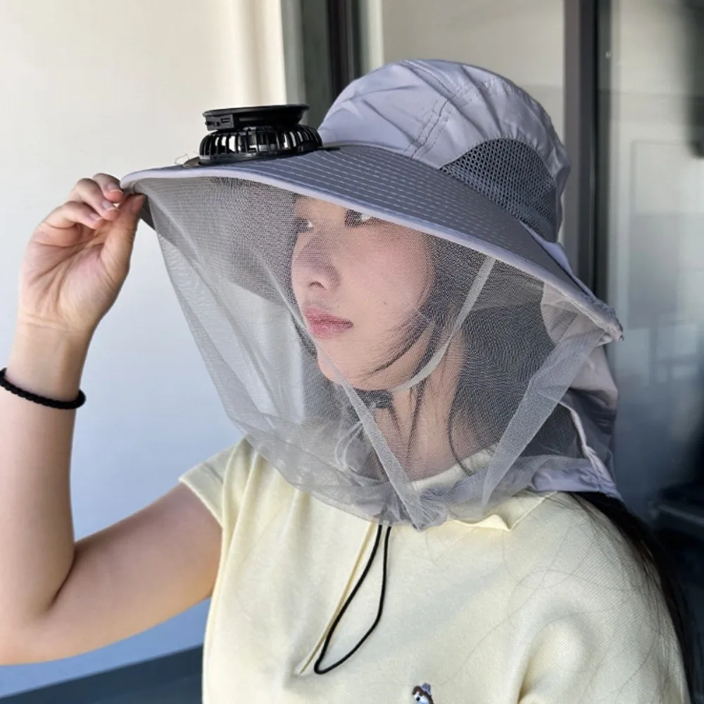 

Breathable Solar Powered Fan Hat Universal Wide Brim Anti UV Sunshade Cap with Shawl Mosquito-proof for 3.7V 300mAh