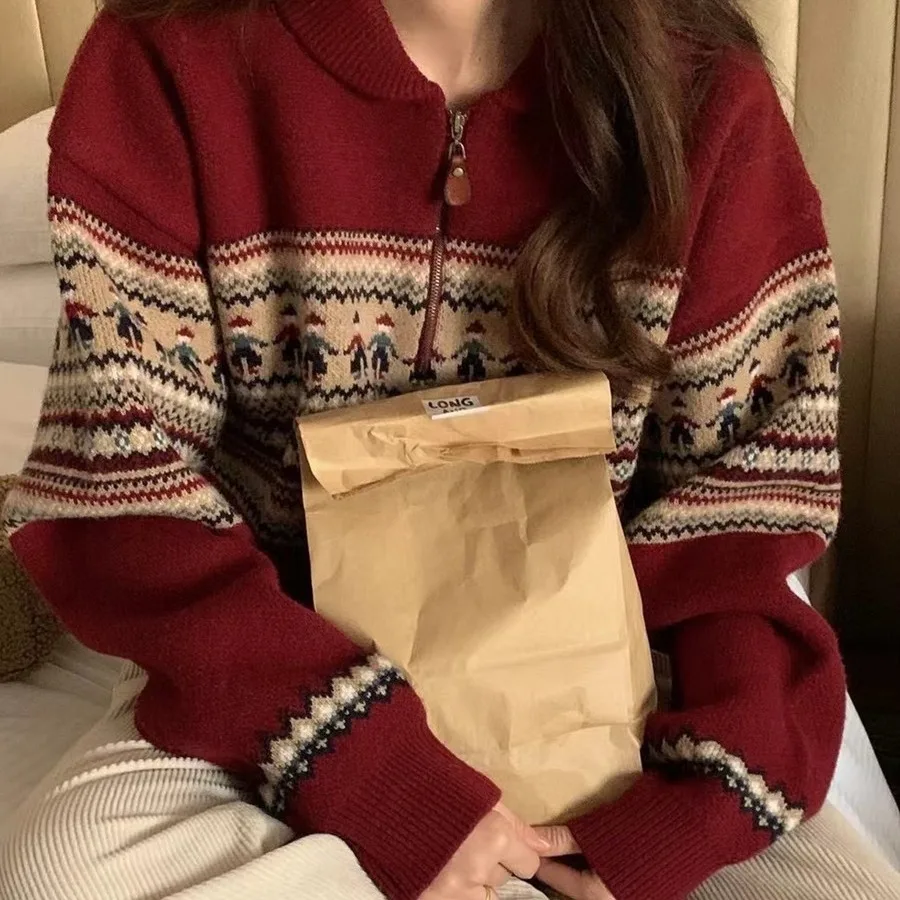 

Women Christmas Pullovers Sweaters Knitted Jumpers Casual Color Block Jacquard Long Sleeves Half Zip Collar Loose 2025 Autumn