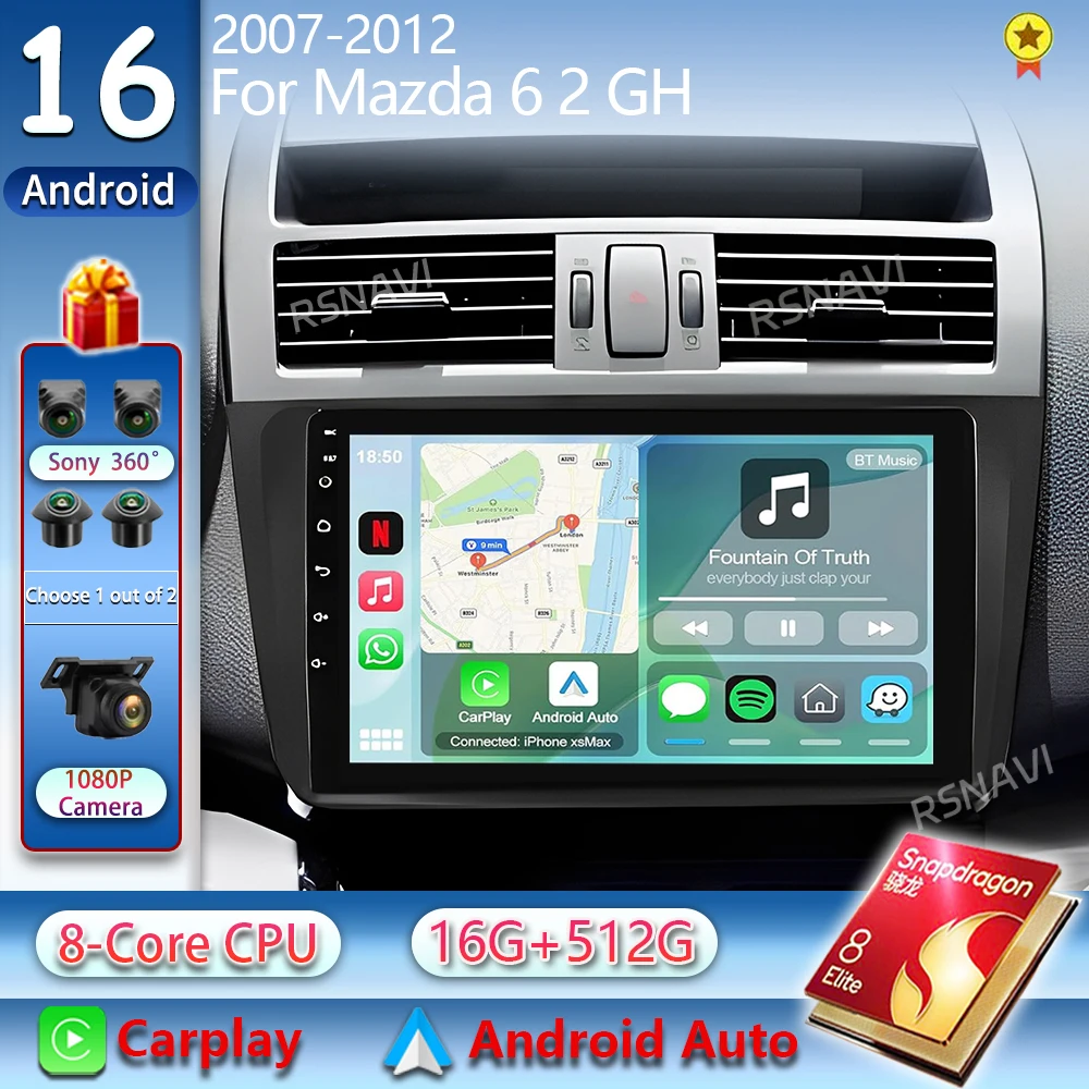 Android 16 oder Mazda 6 II GH 2007-2012 2K QLED Android Autoradio Multimedia-Videoplayer GPS AI-Sprachsteuerung CarPlay Head Unit Stereo