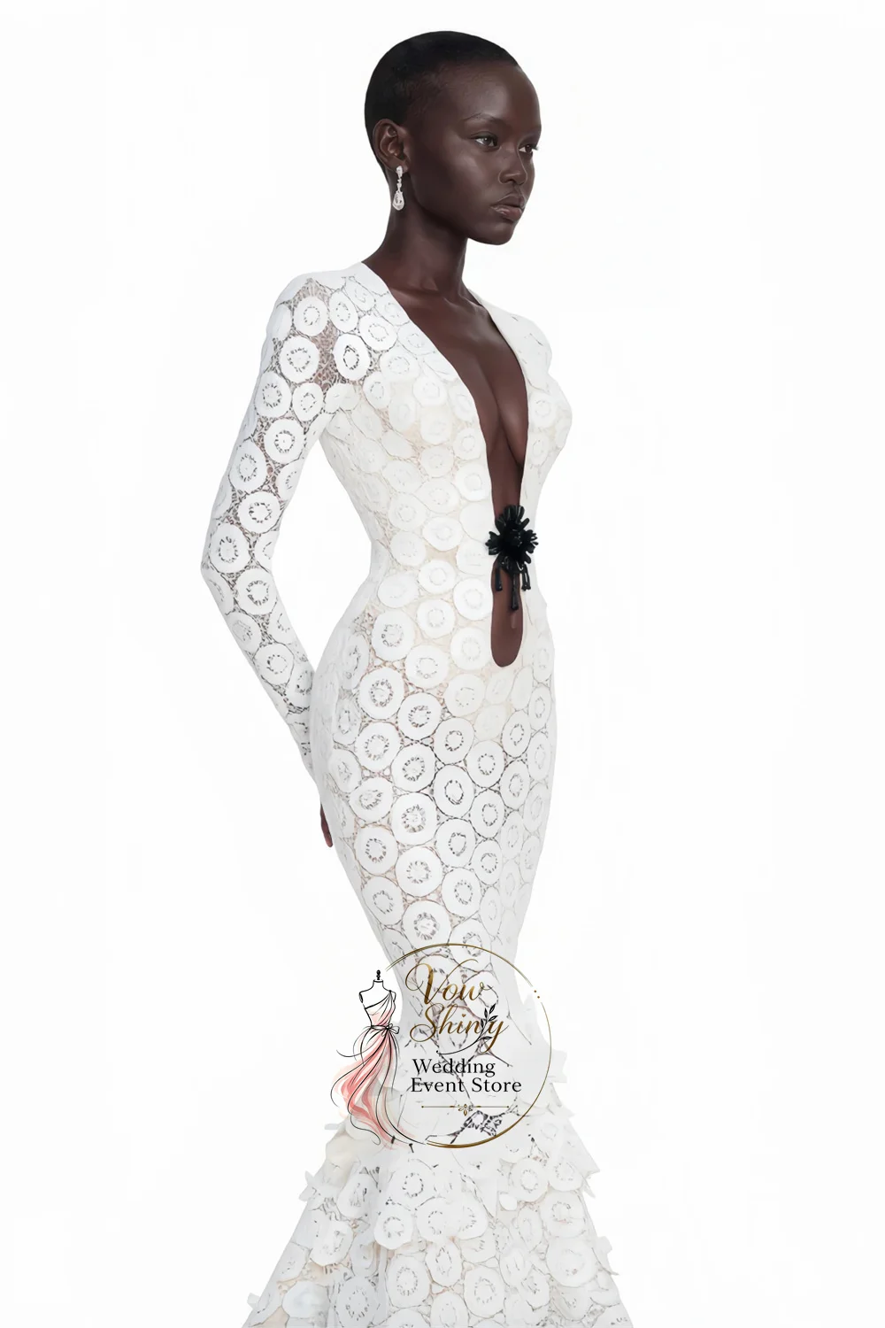 Vow Shiny Vintage V-Neck 3D Lace Mermaid Formal Evening Gown Long Sleeves Bow Sweep Train Special Occasions Events Customized ﻿