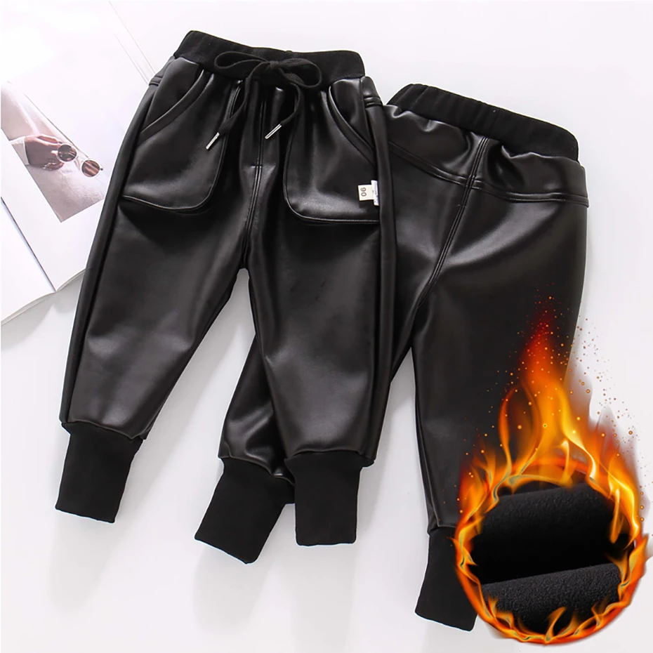 Girl Boy Leather Pants Thick Warm Pants Girls Casual Style Trousers For Children Toddler Kids Clothing