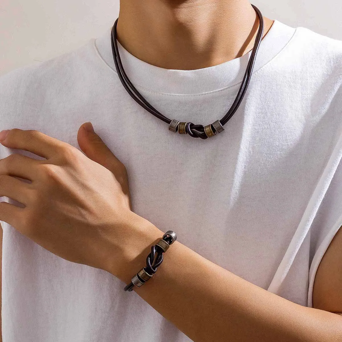 

Retro Leather Knot round Ring Nelace Men's Hip Hop Design Beaded Clavicle Chain Cross-Border Accories