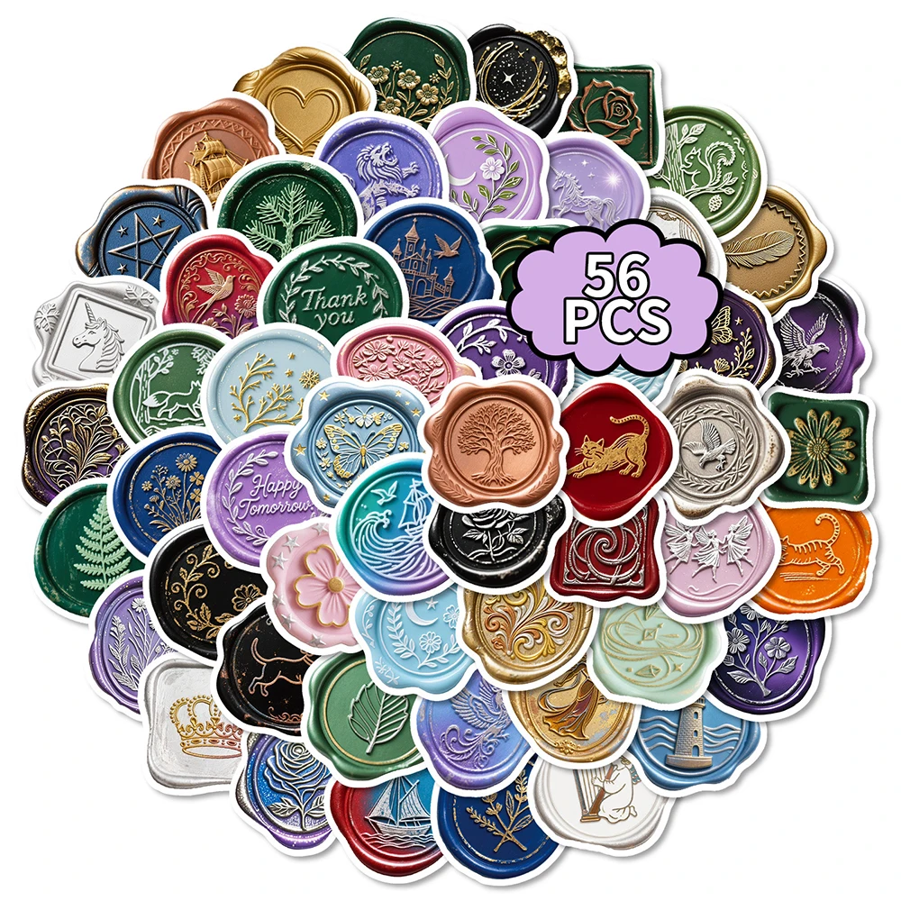 10/30/56pcs Retro Cartoon Wax Seal Stamp Stickers Aesthetic Pattern Stickers DIY Scrapbook Phone Luggage Diary Decals Decoration