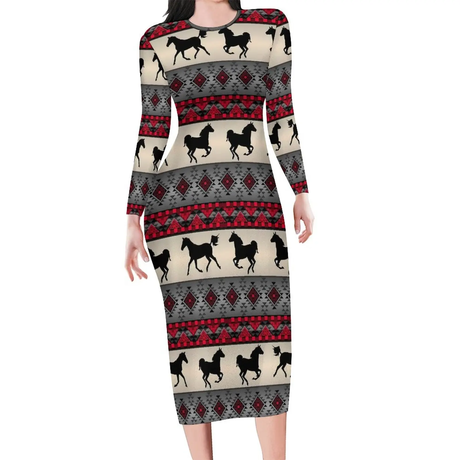 Red Tribal Horse Bodycon Dress Summer Retro Print Sexy Dresses Female Long Sleeve Graphic Aesthetic Dress Big Size 4XL 5XL