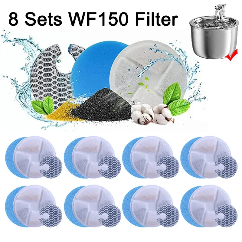 8 Sets WF150 Cat Water Fountain Filters Replacement for Stainless Steel Automatic Cats Feeder,Pet Fountain Filter