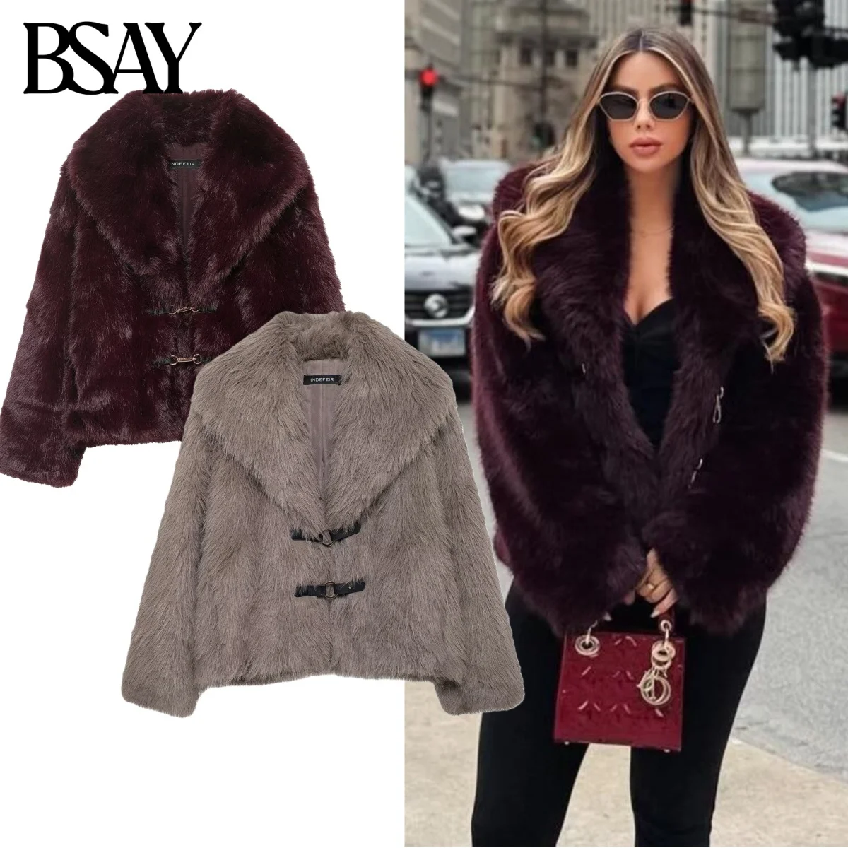 BSAY 人工毛皮効果ショートコート女性のためのファッション冬の新ソリッドカラー長袖シングルブレスト暖かいジャケットコート