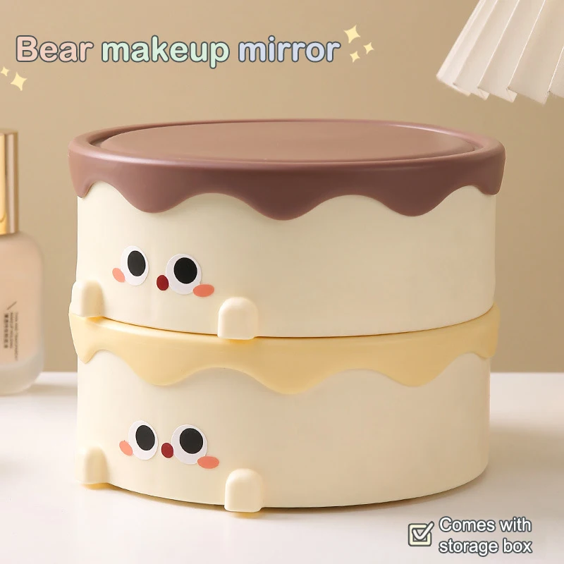 Cute Cake Bear Desktop Cosmetic Storage Box High-definition Makeup Mirror Large Capacity Makeup Jewelry Organizer