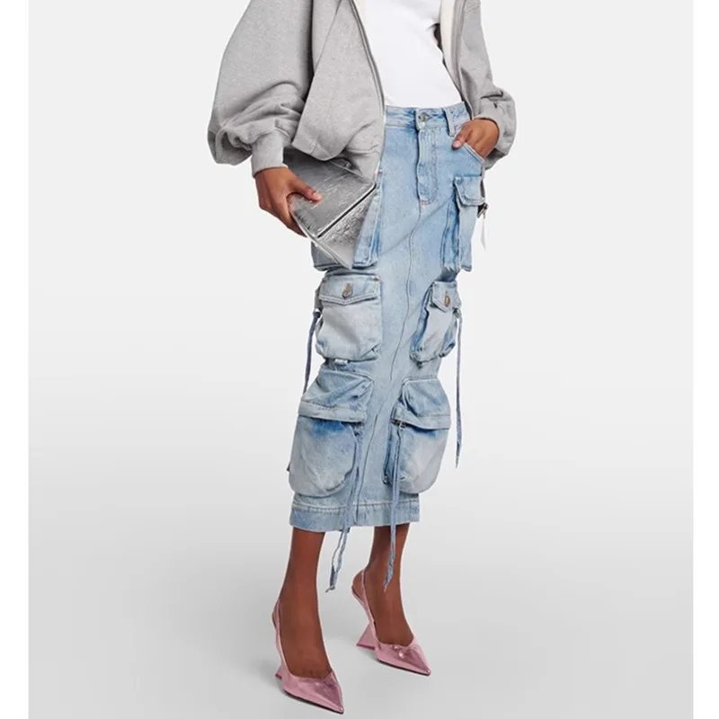 ANJY Autumn Winter New Women Three-Dimensional Large Pocket Design Straight Back Slit Denim Skirt Washed Faded Distressed A16541