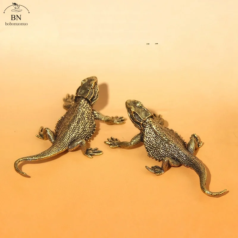 Antique solid Lizard Statue Tea Pet Desktop Toy Ornament Pure Copper Simulation Animal Miniatures Figurines Home Decoration
