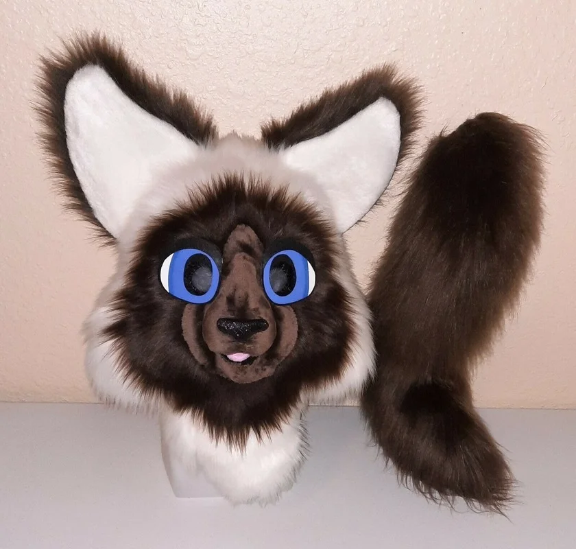 Black and White Plush Cat Fursuit Partial Animal Costume Kitty Mascot Head and Tail