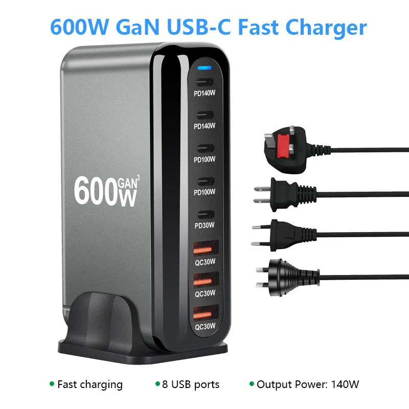 

Зарядное устройство GaN 600 Вт с быстрой зарядкой, USB Type-C, 8-портовый адаптер, настольная зарядная станция, быстрое зарядное устройство для телефонов и планшетов
