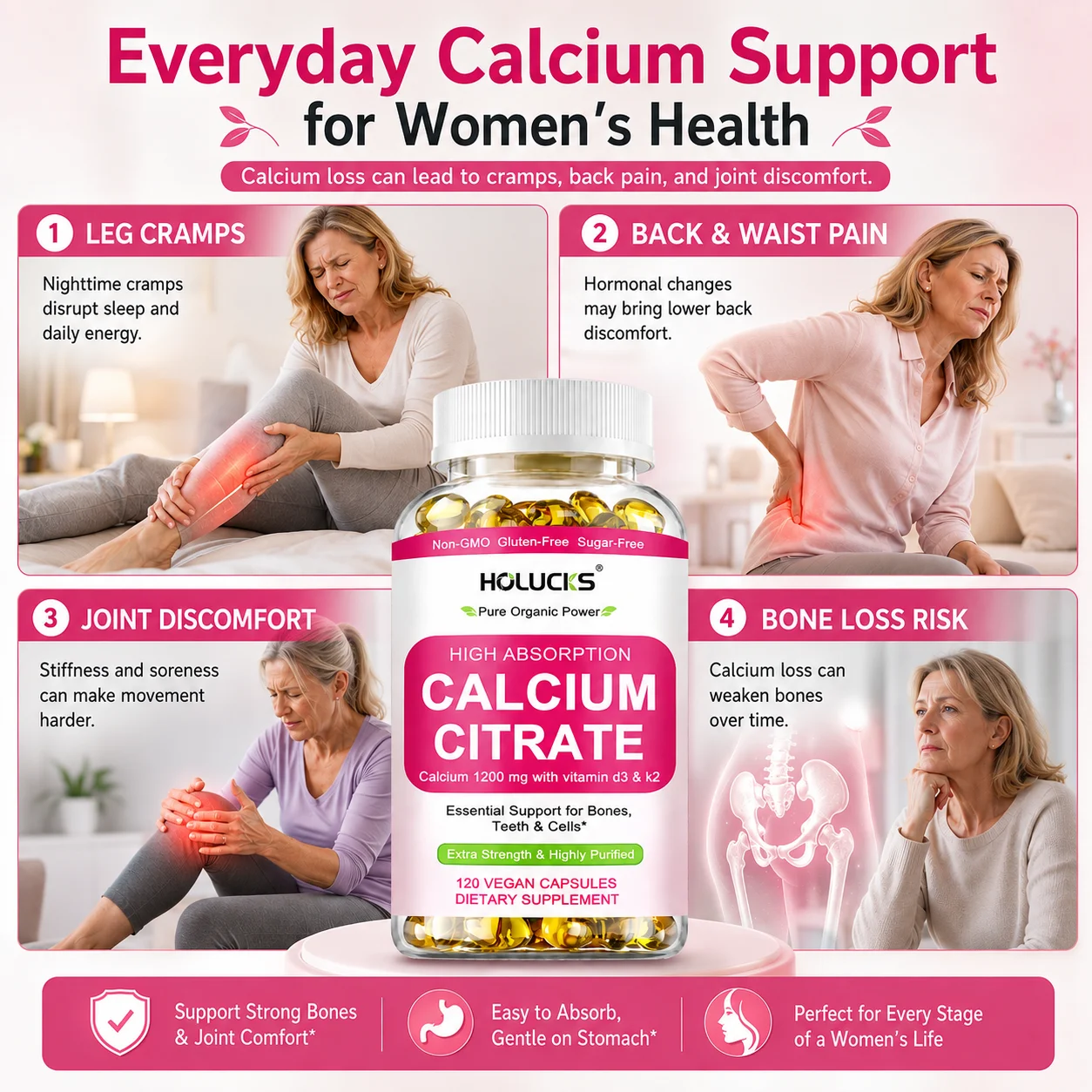Calcium Citrate 1200mg Vegan Capsules with Vitamin D3 K2, Support Women Bone Teeth Health Soothe Night Leg Cramps Muscle Tension