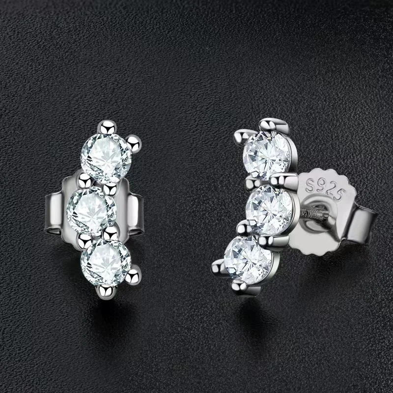 

Trendy 925 Sterling Silver 3mm Moissanite Stud Earrings Women Ins Jewelry Plated White Gold 3 Stone Ear Studs Diamond Test Pass