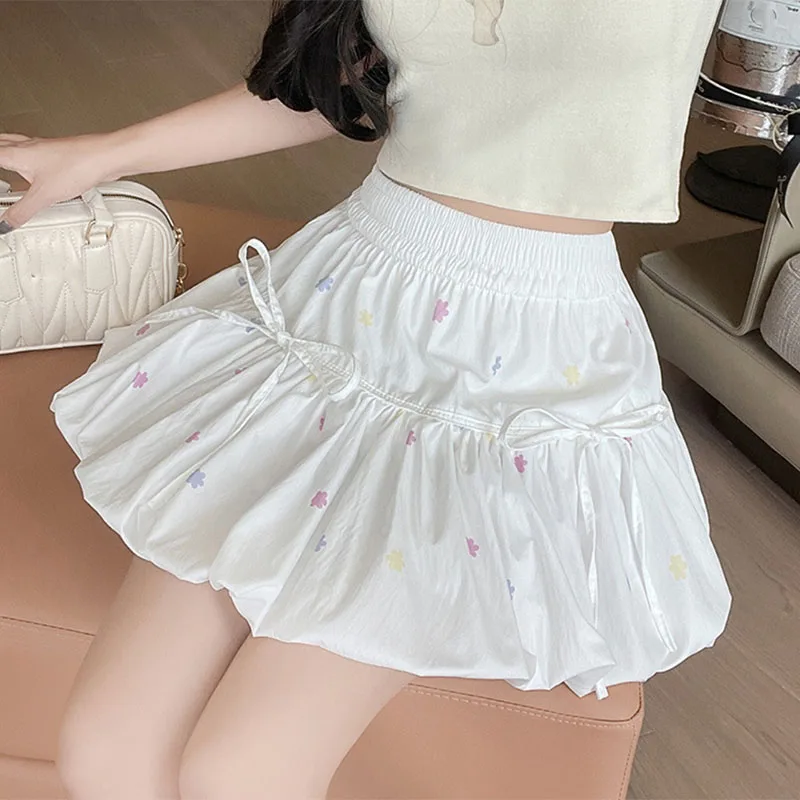 Korean Chic White Flower Bud Skirt Ladies Sweet Ballet Ball Gown Mini Skirt Woman Elastic Waist Bow Lace-up Print A-line Skirts