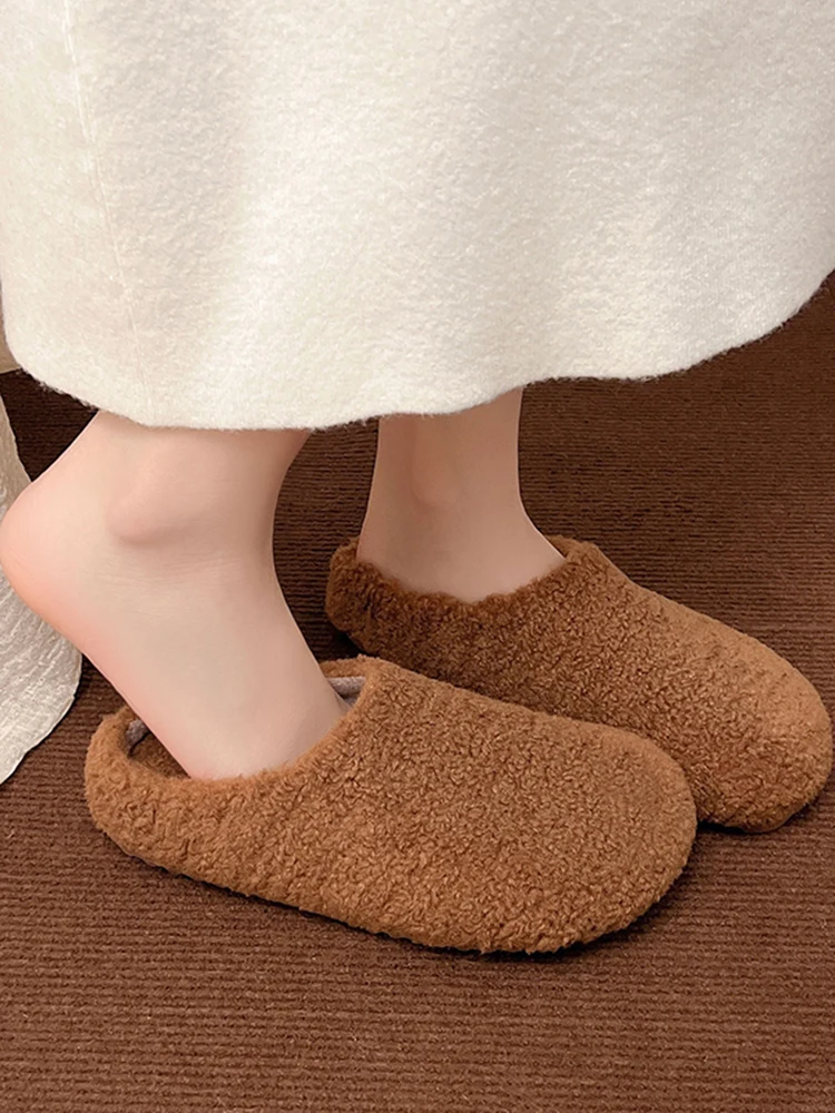 Autumn Winter New Lamb Wool Women Shoes Korean Style Solid Color Versatile Warm Flats 2025 Fashionable Casual Half Slippers