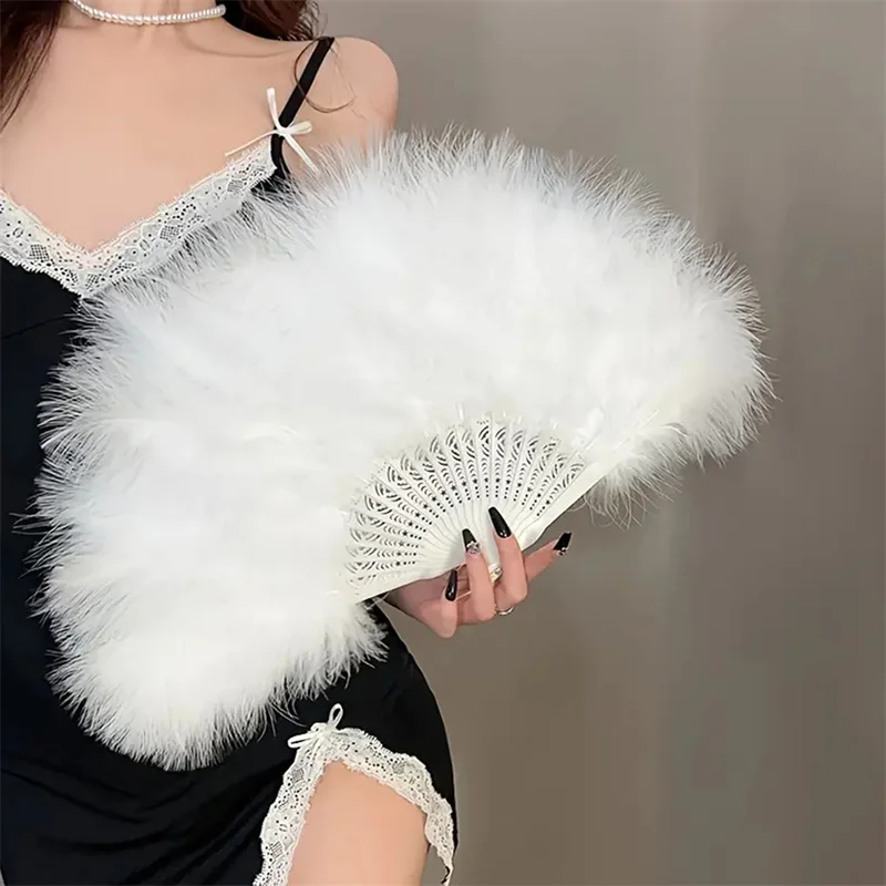 Elegant Folding Fan Full Velvet Colorful White Feather Fan Chinese Knot Hand Fan Fairy Girl Dance Wedding Party Decoration