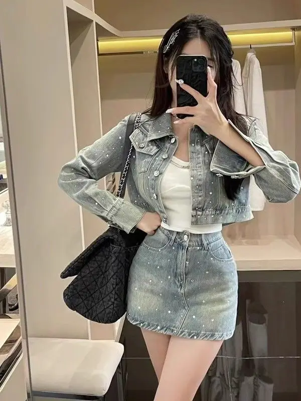 

Korean Sle Heavy Du Rhinestone Denim Set Women's ort Coat Skirt Pants Two Piece Suit Spring Autumn Design Sensation