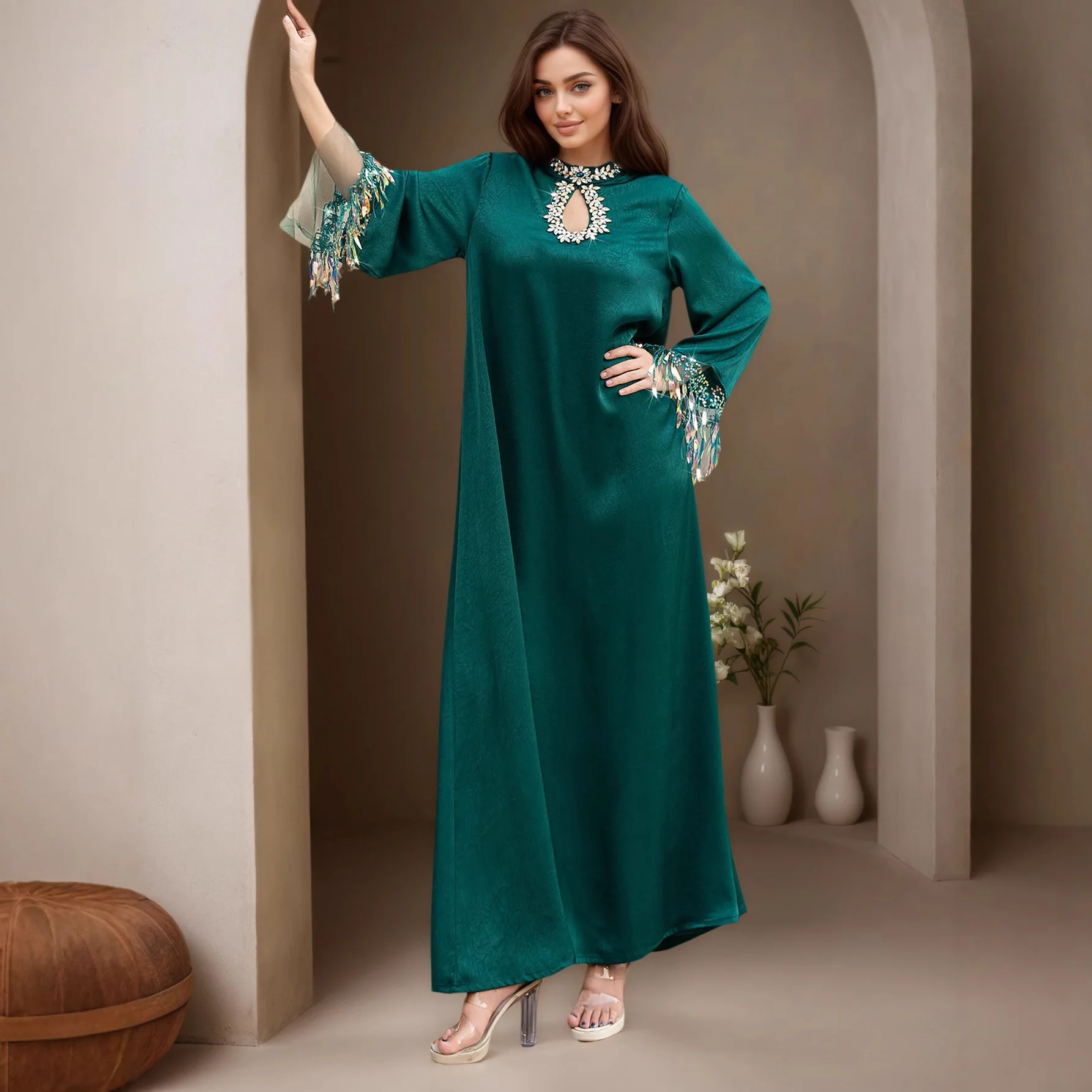 

Elegant Diamonds Abayas for Women Muslim Dress Dubai Abbayas Evening Party Dresses Eid Ramadan Turkey Kaftan Femme Robe Jalabiya