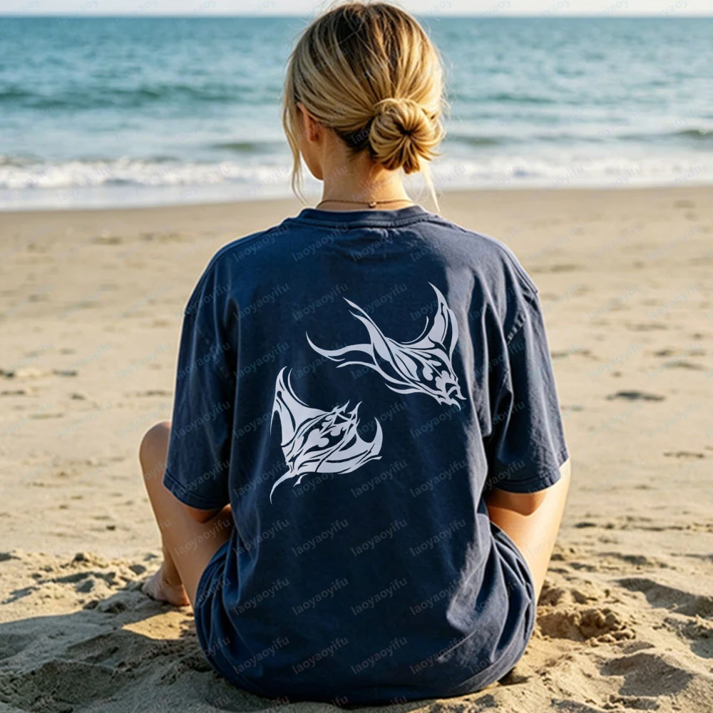 Manta Ray Cotton T-Shirt for Women Men Ocean Animal Graphic Tee Summer Beach Outdoors Casual Tops Gothic Fashion Streetwear