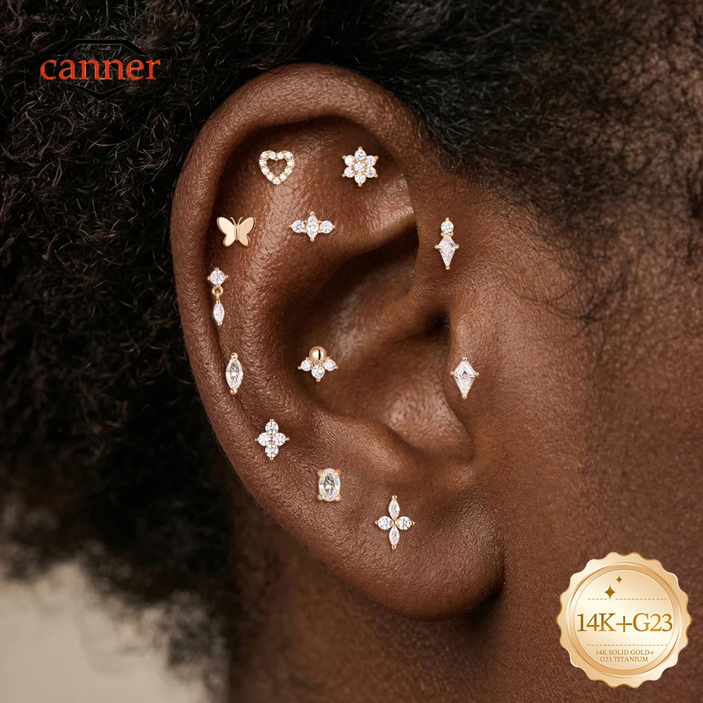 CANNER 1PC 14K Solid Gold Heart Butterfly Flower Marquise Kite Flat Back Cartilage Piercing Earring Jewelry Gift for Women Girls