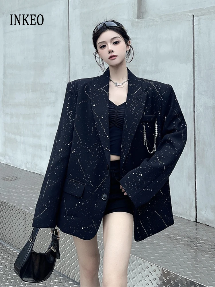 

Женский блестящий блейзер High Street, черный, новинка 2025, модная куртка-брошь, свободное однобортное пальто, весна-осень INKEO 5O106