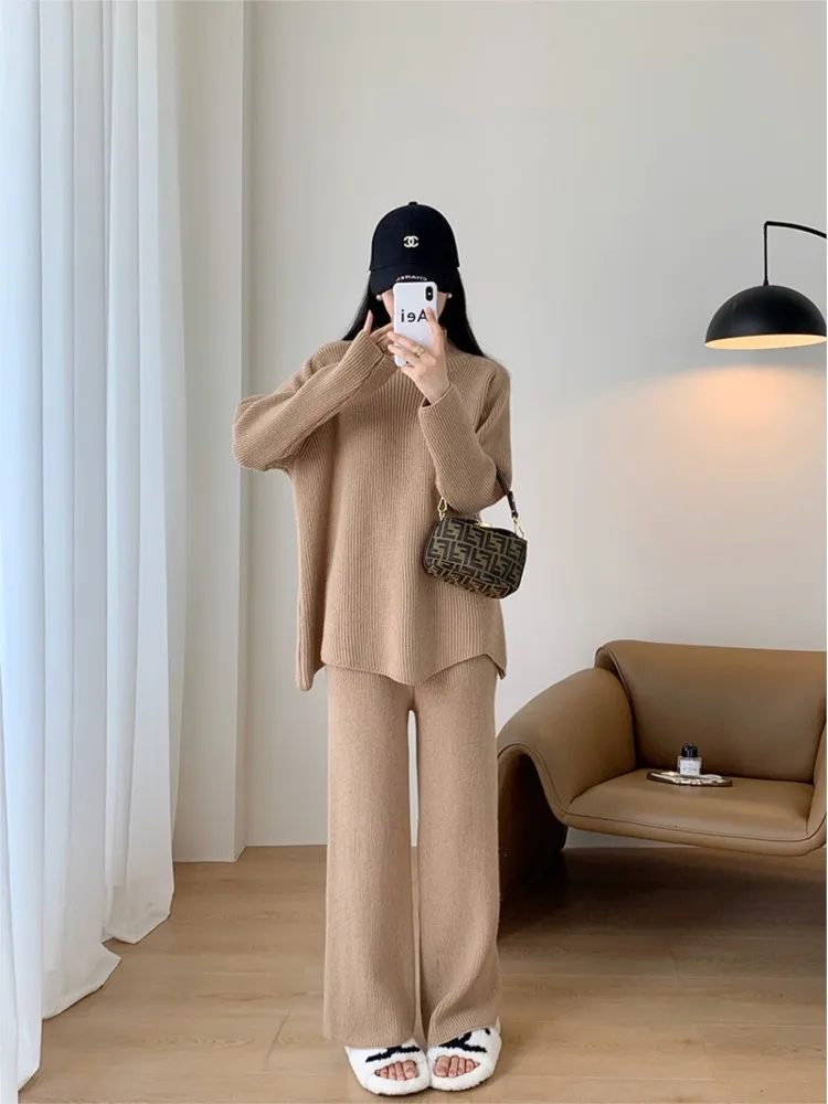 Knitted Autumn 2 Two Piece Set Women Casual Fashion Long Sleeve Ladies Sweaters Tops Loose Korean Style Woman Wide Leg Pants