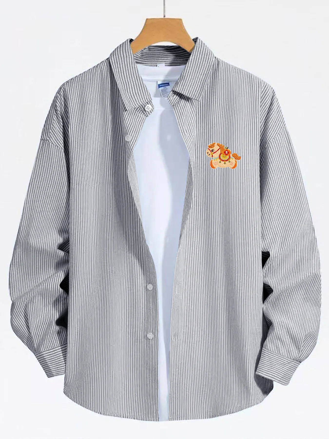 

Fun cartoon little horse carrying orange pattern slim striped shirt, spring and autumn versatile casual men's long-sleeve shirt